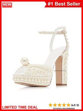 Open Toe Pearl Platform Heels Chunky Buckle Ankle Strap Wedding Sandals